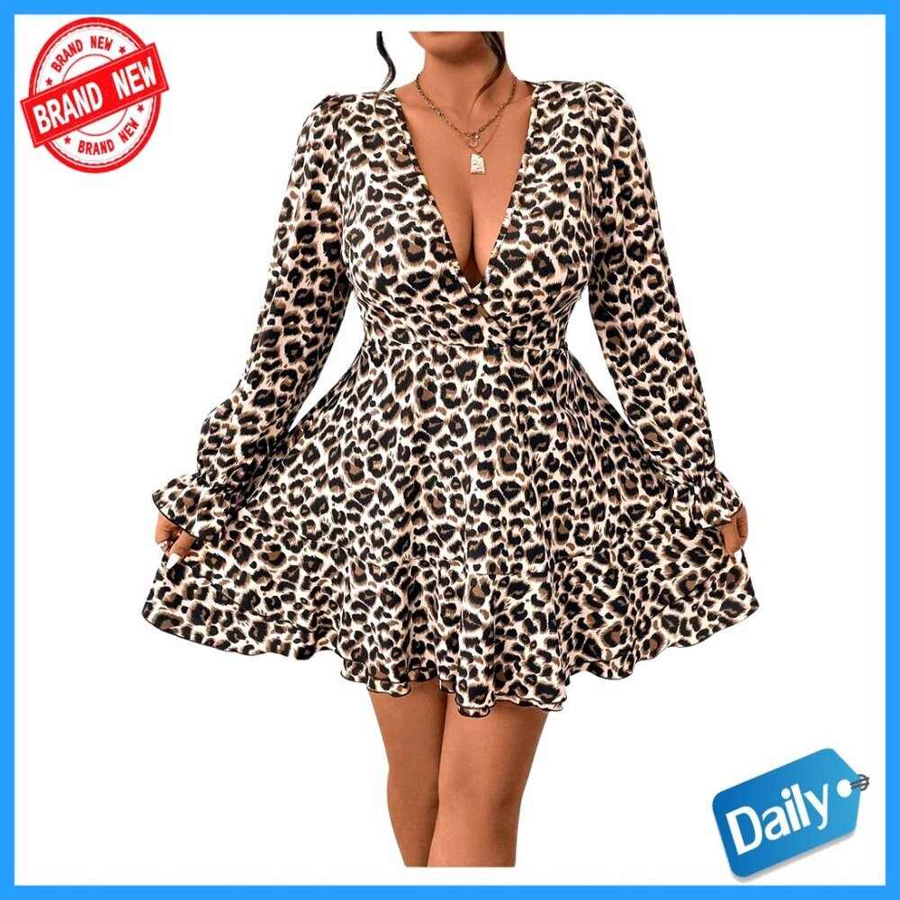 Plus Size A-Line Dress Long Sleeve V-Neck Ruffle Hem Party Casual Elegant